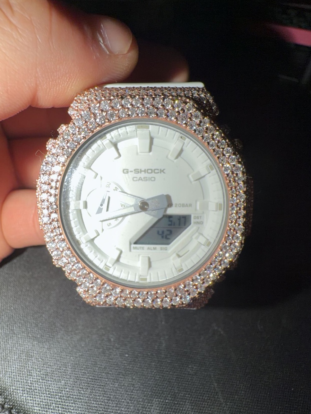 G-Shock White Watch with Rose Gold Crystal Bezel